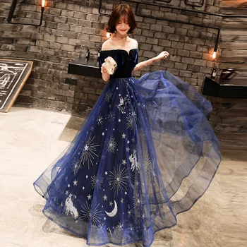 Плиссированное платье для выпускного вечера со звездным небом, темно-синее платье из велюровой сетки в стиле пэчворк, Ципао с рукавом-бабочкой, перспективное платье с V-образным вырезом